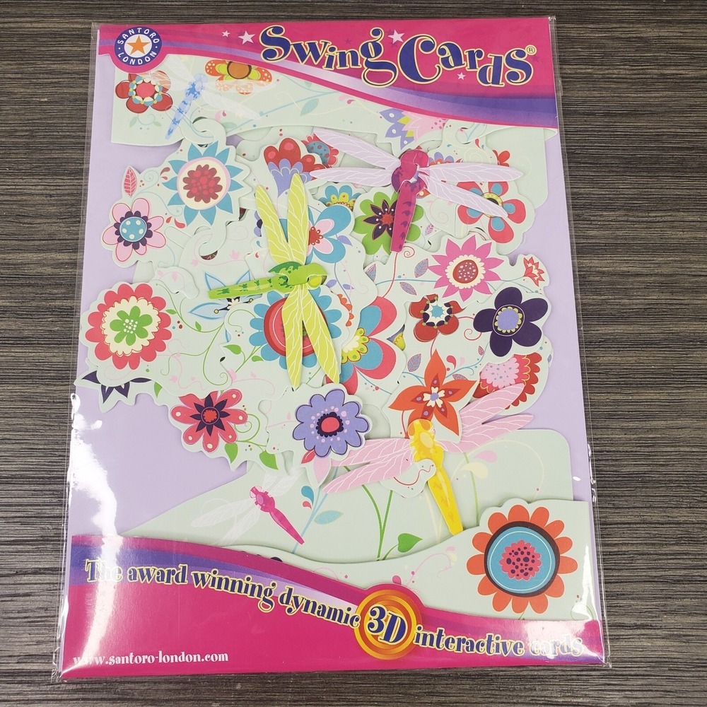SWING CARD Dragonflies And Flowers 3-D 3-Dimensional Pop-up Card 6x8" Envelope